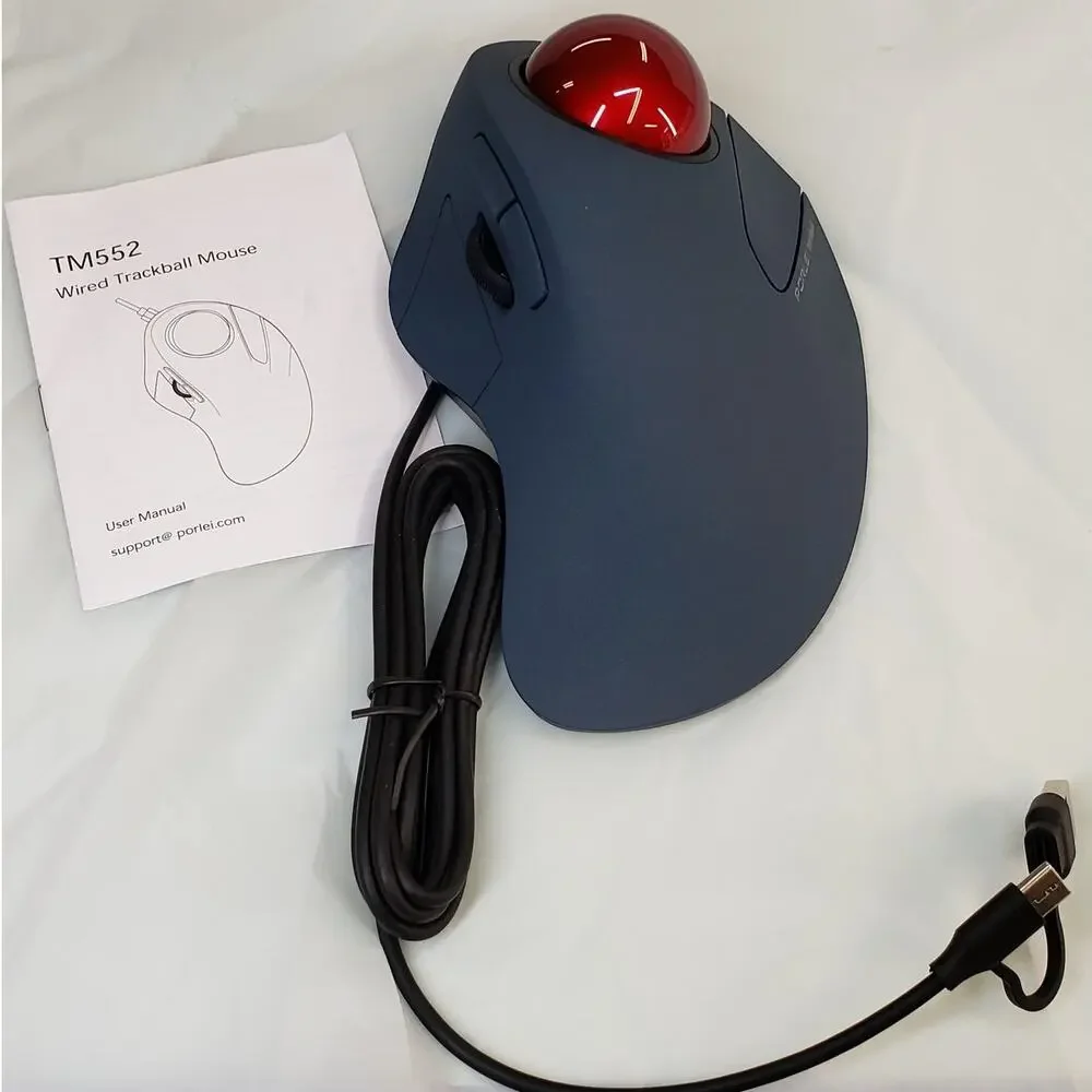 PORLEI TM552 Wired Trackball Mouse Large Hands, Ergonomic Design Reduces Wrist
